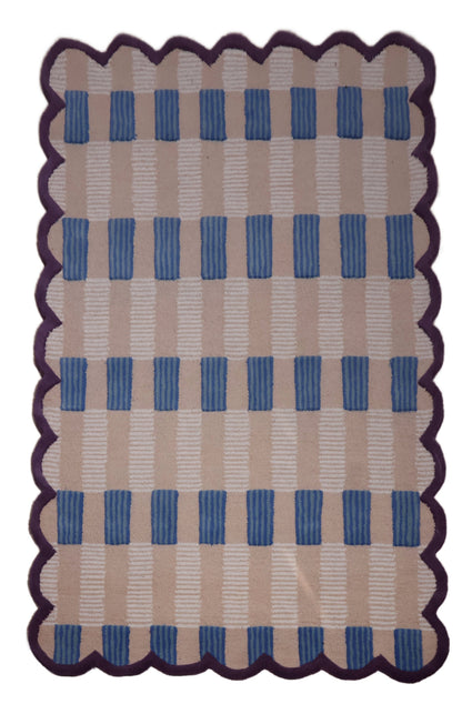 Hand-Tufted Scalloped Wool Area Rug, Modern Plaid Checkered Pattern, Soft & Durable Cozy Accent Rug for Living Room, Bedroom & Nursery, Handmade Decorative Carpet