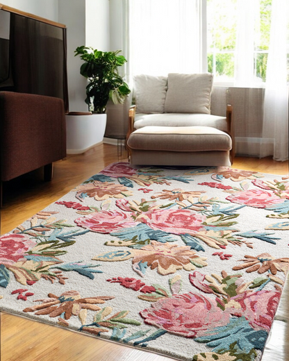 Handmade Wool Floral Area Rug for Living Room | Elegant Flower Garden Design, Soft, Thick and Durable | Bedroom, Dining Room & Home Decor Carpet
