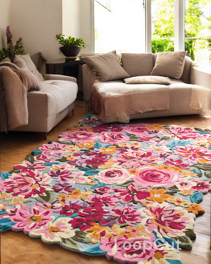 Handmade Wool Floral Area Rug for Living Room | Elegant Flower Garden Design, Soft, Thick and Durable | Bedroom, Dining Room & Home Decor Carpet
