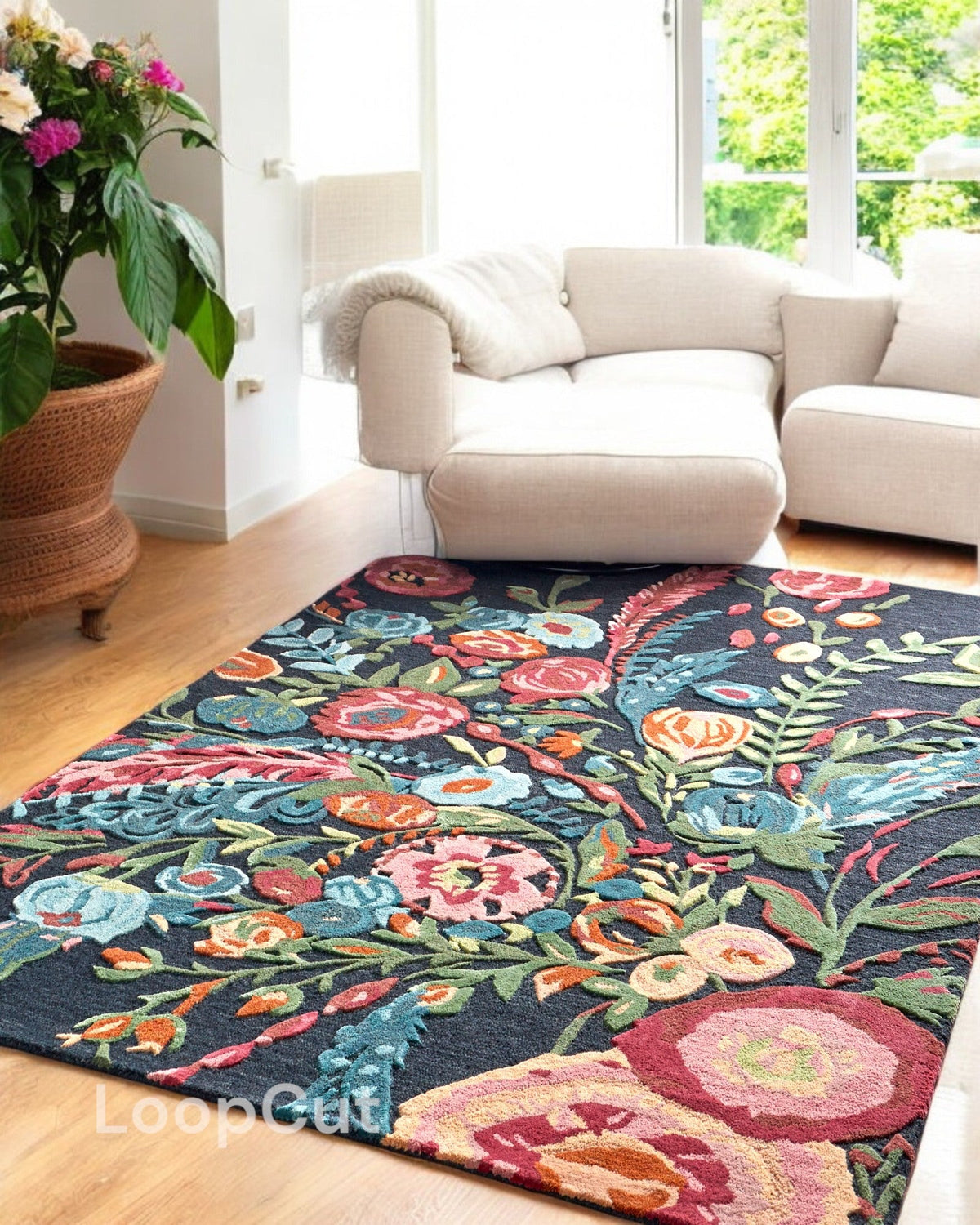 Handmade Wool Floral Area Rug for Living Room | Elegant Flower Garden Design, Soft, Thick and Durable | Bedroom, Dining Room & Home Decor Carpet