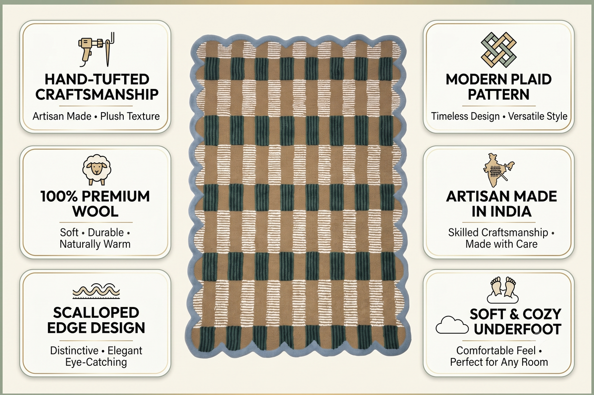 Hand-Tufted Scalloped Wool Area Rug, Modern Plaid Checkered Pattern, Soft & Durable Cozy Accent Rug for Living Room, Bedroom & Nursery, Handmade Decorative Carpet