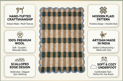 Hand-Tufted Scalloped Wool Area Rug, Modern Plaid Checkered Pattern, Soft & Durable Cozy Accent Rug for Living Room, Bedroom & Nursery, Handmade Decorative Carpet