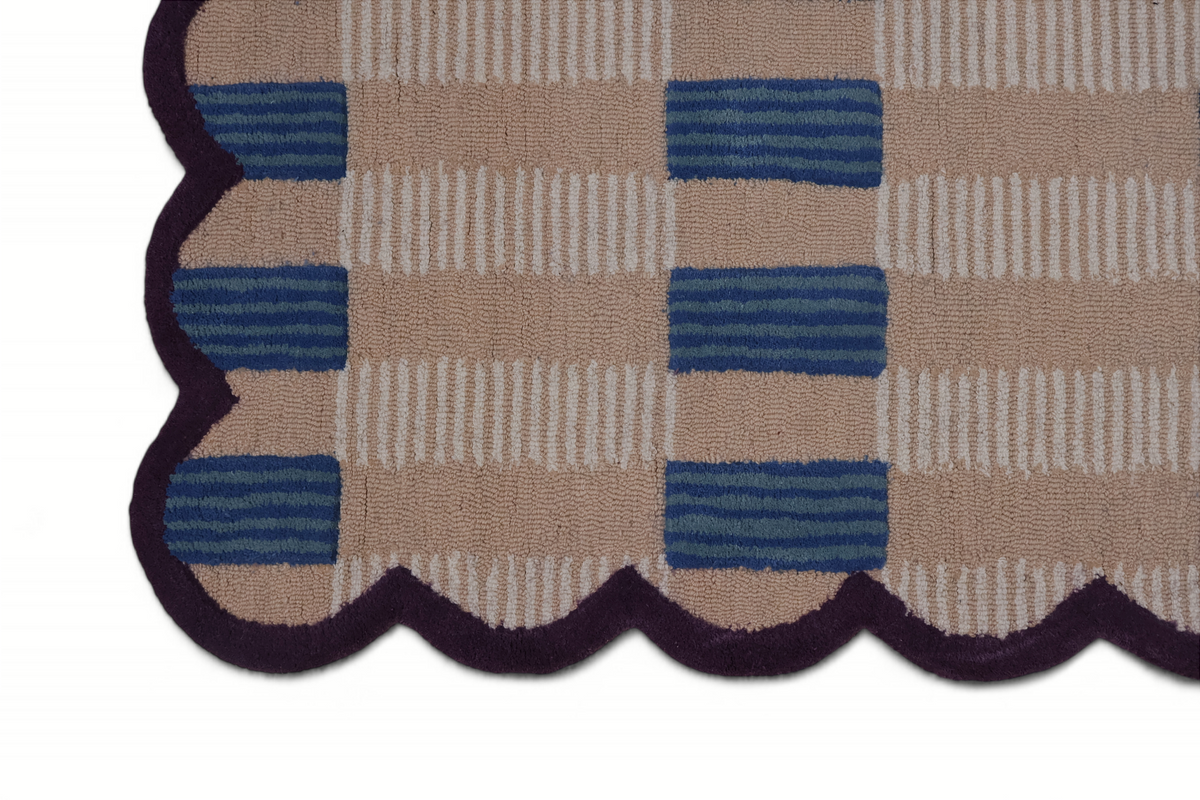 Hand-Tufted Scalloped Wool Area Rug, Modern Plaid Checkered Pattern, Soft & Durable Cozy Accent Rug for Living Room, Bedroom & Nursery, Handmade Decorative Carpet