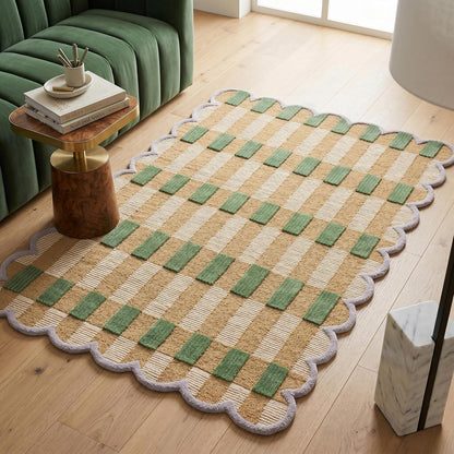 Hand-Tufted Scalloped Wool Area Rug, Modern Plaid Checkered Pattern, Soft & Durable Cozy Accent Rug for Living Room, Bedroom & Nursery, Handmade Decorative Carpet
