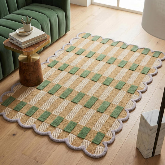 Hand-Tufted Scalloped Wool Area Rug, Modern Plaid Checkered Pattern, Soft & Durable Cozy Accent Rug for Living Room, Bedroom & Nursery, Handmade Decorative Carpet