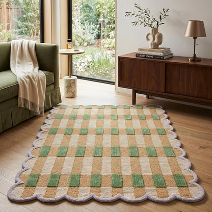 Hand-Tufted Scalloped Wool Area Rug, Modern Plaid Checkered Pattern, Soft & Durable Cozy Accent Rug for Living Room, Bedroom & Nursery, Handmade Decorative Carpet