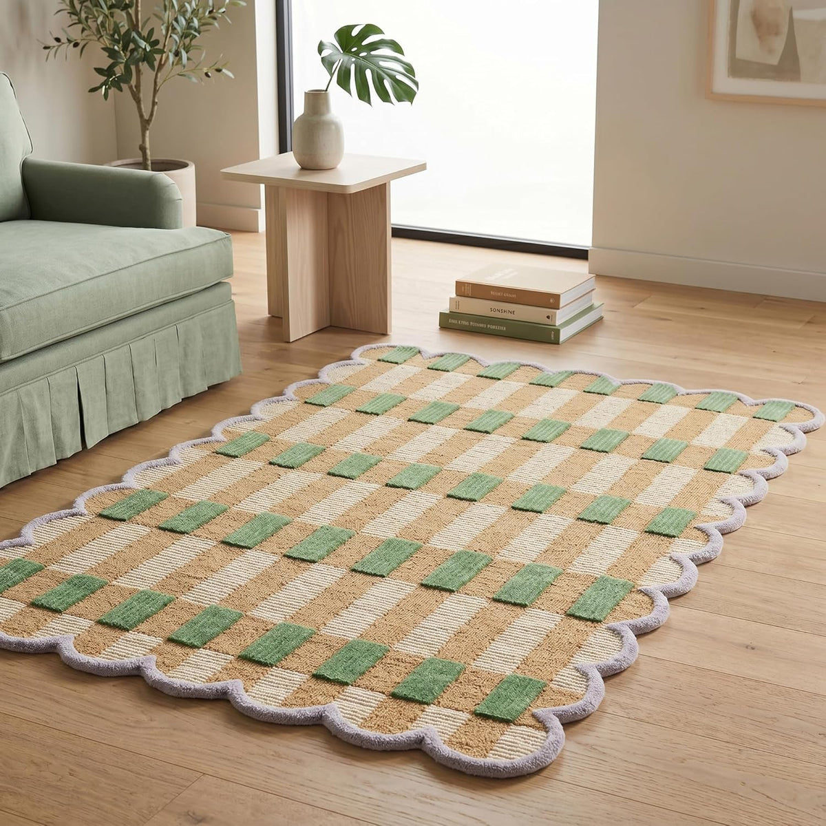 Hand-Tufted Scalloped Wool Area Rug, Modern Plaid Checkered Pattern, Soft & Durable Cozy Accent Rug for Living Room, Bedroom & Nursery, Handmade Decorative Carpet