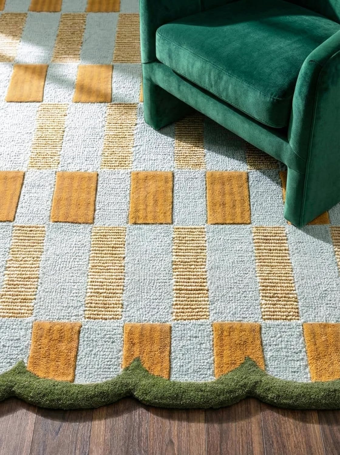 Hand-Tufted Scalloped Wool Area Rug, Modern Plaid Checkered Pattern, Soft & Durable Cozy Accent Rug for Living Room, Bedroom & Nursery, Handmade Decorative Carpet
