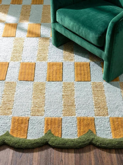 Hand-Tufted Scalloped Wool Area Rug, Modern Plaid Checkered Pattern, Soft & Durable Cozy Accent Rug for Living Room, Bedroom & Nursery, Handmade Decorative Carpet
