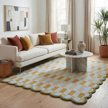 Hand-Tufted Scalloped Wool Area Rug, Modern Plaid Checkered Pattern, Soft & Durable Cozy Accent Rug for Living Room, Bedroom & Nursery, Handmade Decorative Carpet