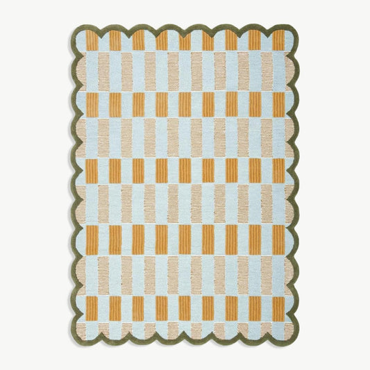 Hand-Tufted Scalloped Wool Area Rug, Modern Plaid Checkered Pattern, Soft & Durable Cozy Accent Rug for Living Room, Bedroom & Nursery, Handmade Decorative Carpet