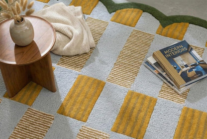 Hand-Tufted Scalloped Wool Area Rug, Modern Plaid Checkered Pattern, Soft & Durable Cozy Accent Rug for Living Room, Bedroom & Nursery, Handmade Decorative Carpet