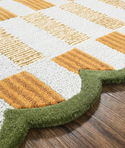 Hand-Tufted Scalloped Wool Area Rug, Modern Plaid Checkered Pattern, Soft & Durable Cozy Accent Rug for Living Room, Bedroom & Nursery, Handmade Decorative Carpet
