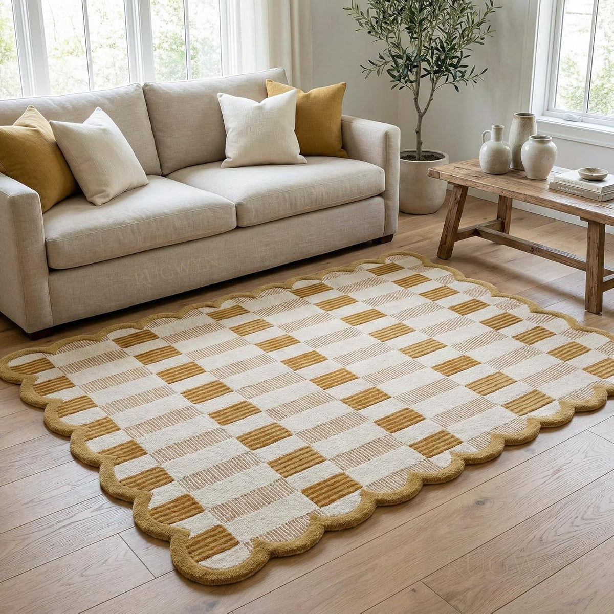 Hand-Tufted Scalloped Wool Area Rug, Modern Plaid Checkered Pattern, Soft & Durable Cozy Accent Rug for Living Room, Bedroom & Nursery, Handmade Decorative Carpet