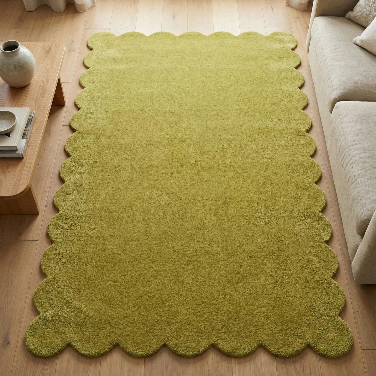 Hand Tufted Scalloped Wool Rug, Modern Solid Handmade Area Living Room Rug
