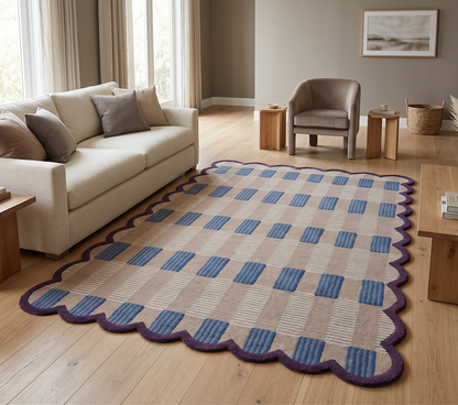 Hand-Tufted Scalloped Wool Area Rug, Modern Plaid Checkered Pattern, Soft & Durable Cozy Accent Rug for Living Room, Bedroom & Nursery, Handmade Decorative Carpet
