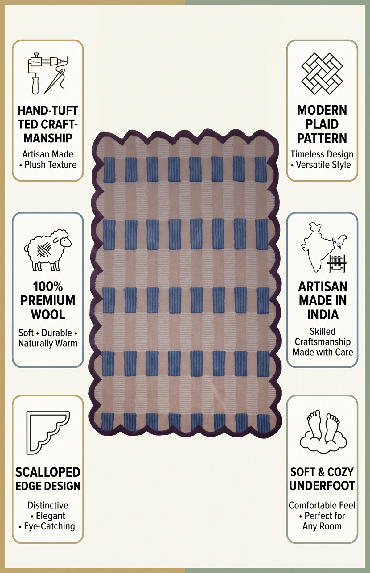 Hand-Tufted Scalloped Wool Area Rug, Modern Plaid Checkered Pattern, Soft & Durable Cozy Accent Rug for Living Room, Bedroom & Nursery, Handmade Decorative Carpet