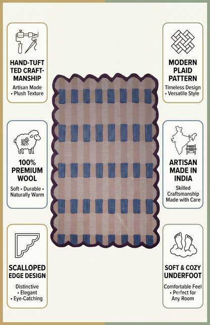 Hand-Tufted Scalloped Wool Area Rug, Modern Plaid Checkered Pattern, Soft & Durable Cozy Accent Rug for Living Room, Bedroom & Nursery, Handmade Decorative Carpet