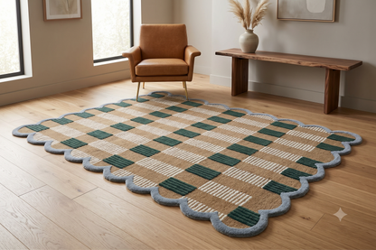 Hand-Tufted Scalloped Wool Area Rug, Modern Plaid Checkered Pattern, Soft & Durable Cozy Accent Rug for Living Room, Bedroom & Nursery, Handmade Decorative Carpet