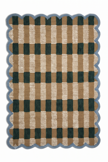 Hand-Tufted Scalloped Wool Area Rug, Modern Plaid Checkered Pattern, Soft & Durable Cozy Accent Rug for Living Room, Bedroom & Nursery, Handmade Decorative Carpet
